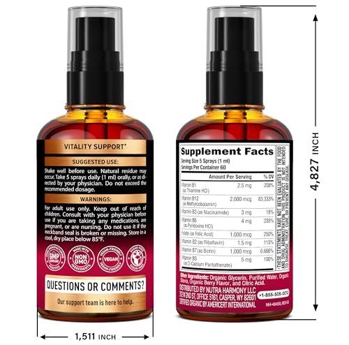 USDA Organic Vitamin B-Complex Liquid Spray 8-in-1 - B5 Pantothenic Acid | B12 Methylcobalamin | B1 Thiamine | B6 Pyridoxine | B7 Biotin | B9 Folic | B3 Niacinamide - Made in USA Supplement, 2fl oz