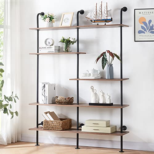 HOMISSUE Industrial Bookshelf, 6-Tier Tall Wall Mounted Bookshelf 81.88", Open Ladder Shelf Bookcase with Pipe Frame and Wood Style Shelf for Home Office Living Room, Brown