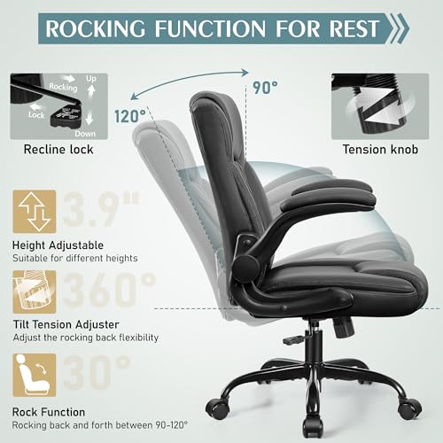 Leather Office Chair, PU Home Computer Desk Chairs with Ergonomic Back Support, 360°Swivel Free,Small Gmaing Chair with Wheels and Adjustable Armrests, for Short People Use, Black