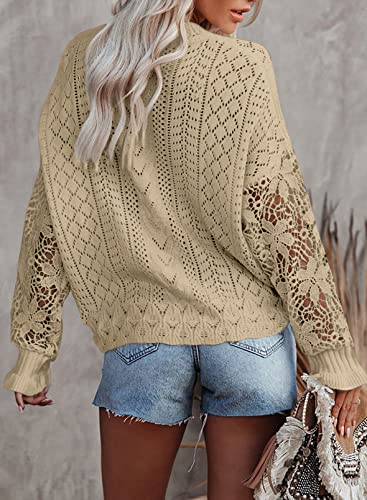 Dokotoo Casual Crochet Cable Knit Lace Cardigan for Women Ladies Sexy V Neck Button Down Long Sleeve Womens Tunic Hollow Out Lightweight Winter Clothes Tops Khaki S