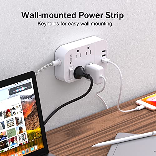Dorm Room Essentials, Extension Cord 5FT, Power Strip with USB Ports, Flat Plug, Wall Mountable, Overload Protection, Home Office Supplies