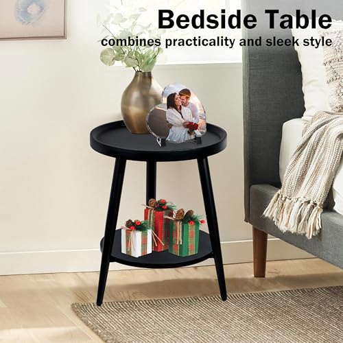 FANTERSI Small Round Side Table, 2-Tier Mid Century Modern Side Table, Round End Table Small Side Table for Living Room, Metal Frames, Black