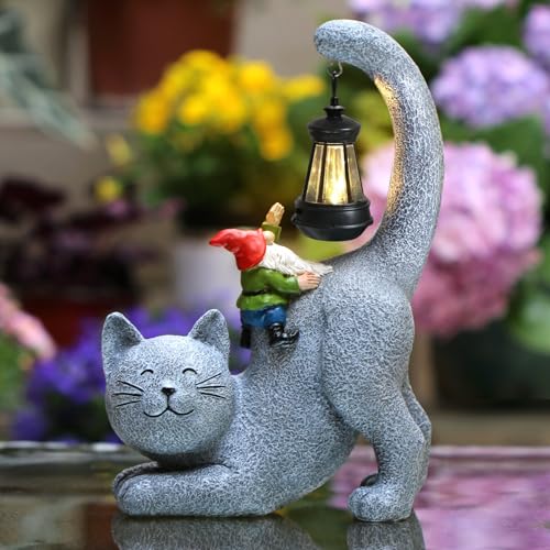 Snowrabbit Cat Statue Garden Decor with LED Lantern, Solar Cat Figurine for Outside -11" Tall Resin Kitten Yard Art Gifts for Mom,Birthday Gift for Women,Cat Statues for Garden,Patio,Yard Decoration