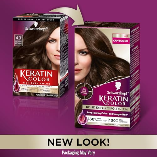 Schwarzkopf Keratin Color Permanent Hair Color, 4.0 Cappuccino, 1 Application - Salon Inspired Permanent Hair Dye, for up to 80% Less Breakage vs Untreated Hair and up to 100% Gray Coverage