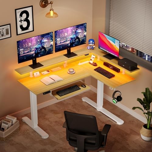 Rolanstar L Shaped Standing Desk with LED Light and Power Outlet, Dual Motor Height Adjustable Electric Standing Desk with Monitor Stand & Keyboard Tray, 61.2" Sit Stand Desk Black