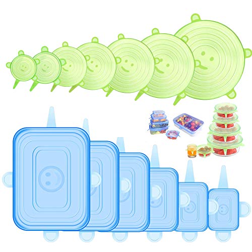 ONEGOL Silicone Stretch Lids, 12 Pack Silicone Lids, 6 Sizes BPA-free Silicone Bowl Covers Reusable for Cups, Bowls and Dish, Flexible, Round and Rectangle Fit 2.8” - 8.2” Container, Green & Blue