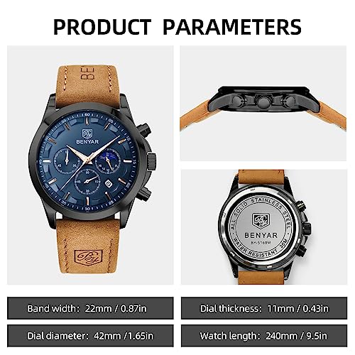 BY BENYAR Watches for Men Chronograph Waterproof Men's Wrist Watches Business Work Casual Sport Fashion Brown Leather Mens Dress Watch Unique Elegant Gifts for Men