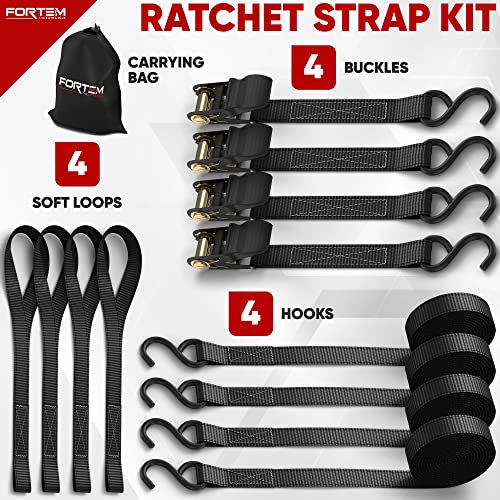 FORTEM Ratchet Straps (4), 1650lb Break Strength, 15ft Tie Down Strap, 4 Soft Loops, Motorcycle Straps Tie Downs, Cargo Straps for Trucks, Metal Hooks