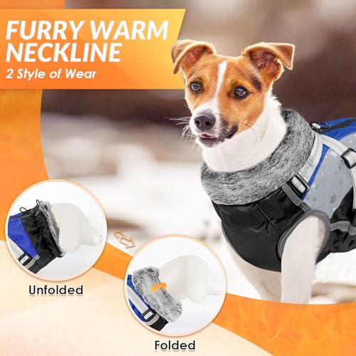 SlowTon Dog Jacket with Harness Built in, Waterproof Fleece Winter Warm Dog Coats for Small Medium Dogs, Reflective Adjustable Furry Puppy Vest Clothes for Outdoor Walking (Blue,Size X-Small)