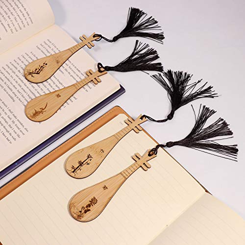 Gdpaddy Handmade Natural Bamboo Bookmark with Beautiful Tassels,Vintage Style Bookmark is A Unique Gift for Teachers, Students, Men and Women - 4Pcs (Guqin)