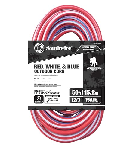 Southwire Heavy Duty Extension Cord, 50Ft, 12 Gauge, 3 Conductor, Outdoor Cord, Lighted End, SJTW, Red/White/Blue, 2548SWUSA1
