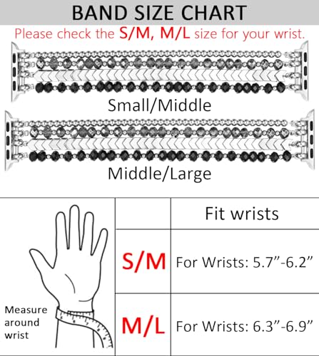 fastgo Beaded Bracelet Band Compatible with Apple Watch 45mm 44mm 42mm 49mm Women Series 7, Crystal Elastic Stretchy Strap for Iwatch SE & Series 9 Ultra 8 7 6 5 4 3 2 1(Black/Silver)