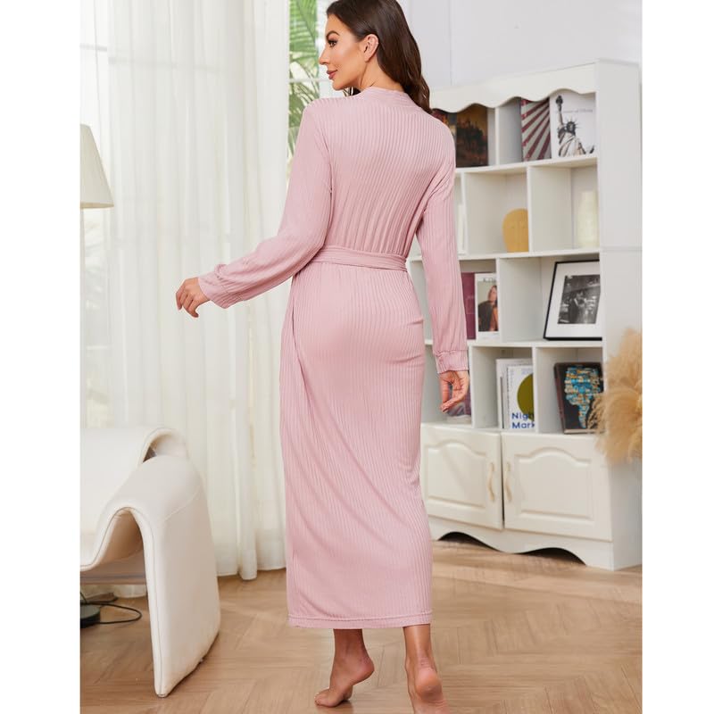 HEARTNICE Womens Soft Long Robe, Lightweight Full Length Knit Bathrobe for Sleepwear & Loungewear Robe (Bean Paste Pink,S)