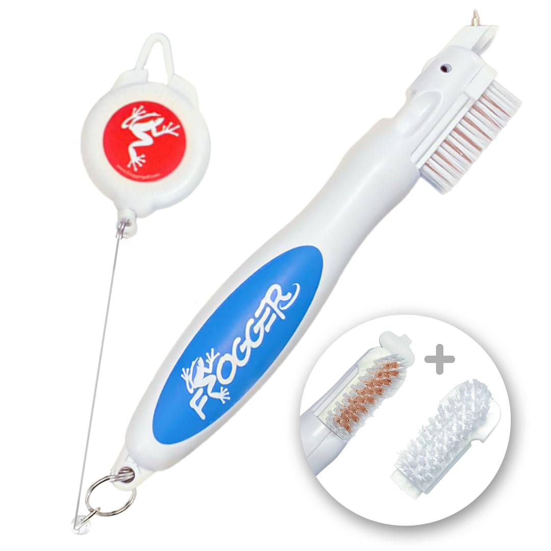 Frogger BrushPro Golf Club Cleaner with Ergonomic Grip and 2.5 ft. Retractable Cord, Patriot - Sturdy Golf Club Brush and Groove Cleaner for Golfers