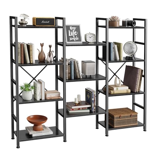 SUPERJARE Triple 4 Tier Bookshelf, Bookcase with 11 Open Display Shelves, Wide Book Shelf Book Case for Home & Office, Black