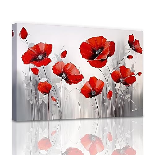 QIXIANG Red Poppies Flower Wall Art Poppy Blooming Canvas Painting Art Floral Oil Painting Prints Framed Bathroom Decor Ready to Hang (12.00" x 18.00", Poppies 1)