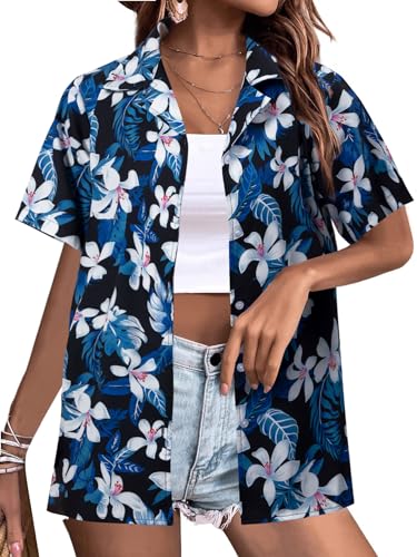 Women Hawaii Shirts: Soft Cool Floral Tropic Print V Neck Summer Tops Short Sleeve Button Up Tops T-Shirt Navy Blue