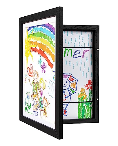 eletecpro 11x14 Kids Art Frame Front Opening with Glass Cover, Display Artwork 9x12 & 8x10 with Mat or 11x14 without Mat, Artwork Picture Frame Changeable with Storage for Wall and Tabletop, Black