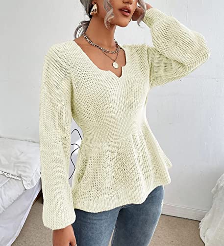 Veatzaer Womens Long Sleeve Knit Sweater V Neck Drop Shoulder Babydoll Sweater Solid Sweater Pullover Grey