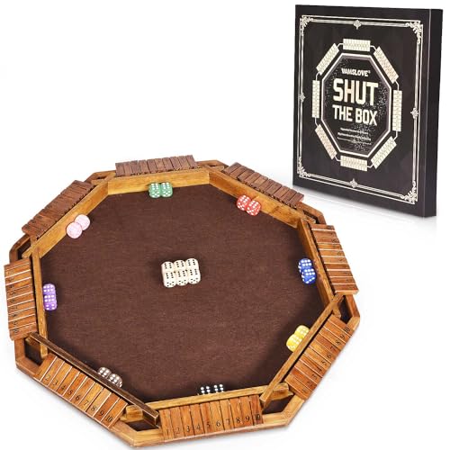 Vamslove Shut The Box Dice Game for 8 Players Upgraded Wooden Board Table Math Game with 16 +6 Dices - Educational Game for Kids, Adults (Instruction Included)
