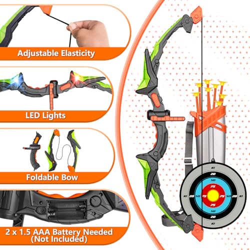 Kids Bow and Arrow Toy Set, LED Light Up Archery Toys with 8 Suction Cups Arrows, Outdoor Indoor Shooting Games Toys for 6 7 8 9 10 11 12 Year Old Boys Grils Birthday Gifts
