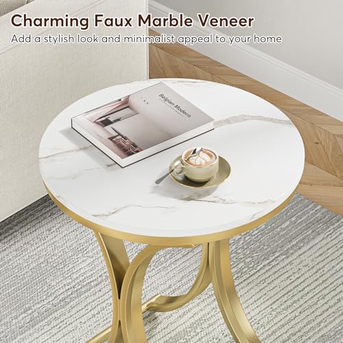 Tribesigns Small Round Sofa Side Table, Faux Marble White and Gold End Table, Contemporary Side Table Bedside Coffee Table (1PCS)