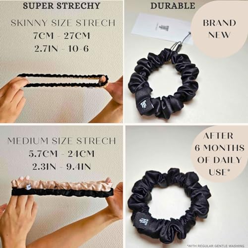 Hair Tiger 100% Mulberry Silk Scrunchies Perfect for Sleeping, Hypoallergenic and Gentle Silk Hair Ties to Prevent Frizz, Tangles and Breakage (Medium and Skinny) (Black and Taupe), Set of 4