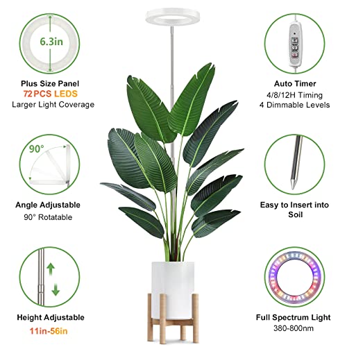 LBW Plant Grow Light, 72 LEDs Full Spectrum Grow Lights for Indoor Plants, 56in Large Grow Lamp with 4/8/12H Auto Timer & 4 Dimmable Brightness, Height Adjustable, Ideal for Tall Plants