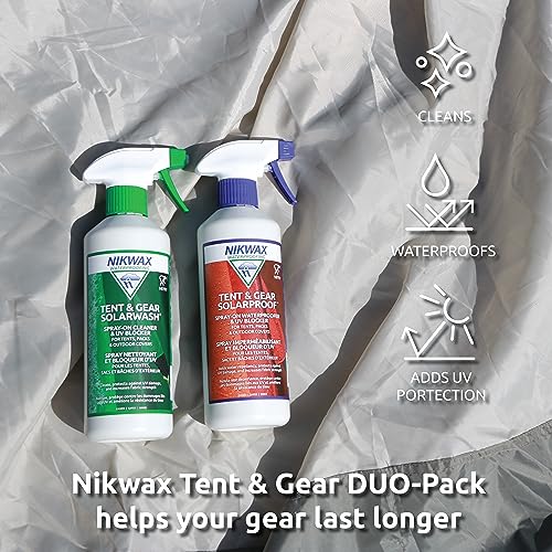 Nikwax Tent & Gear, Tent & Gear Duo-Pack, 500ml, SolarWash & SolarProof, Cleaning & Waterproofing Spray, Cleaner, Restores DWR Water Repellency on Outdoor Fabric, Rain Fly, Backpacks