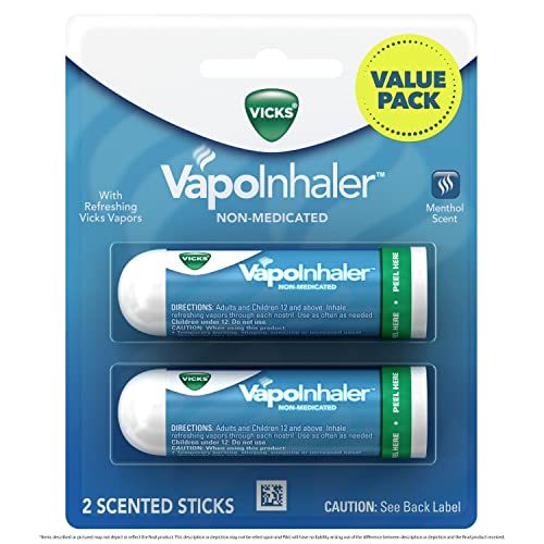 Vicks VapoInhaler, On-The-Go Portable Nasal Inhaler, Non-Medicated, with Refreshing Vapors, Menthol Scent, 2 Scented Sticks (Pack of 2)