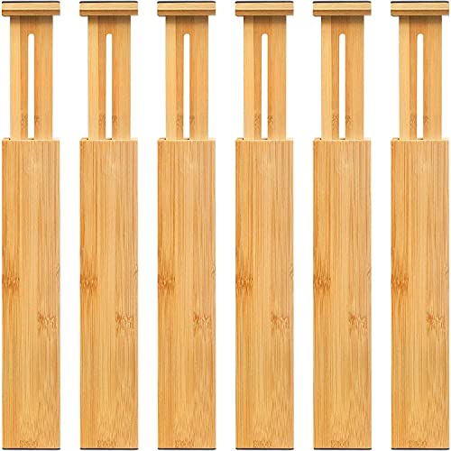 VaeFae 6 Pack Bamboo Drawer Dividers, Adjustable Drawer Organizer, Expandable Organization for Kitchen, Office, Bedroom, Dressers and Bathroom