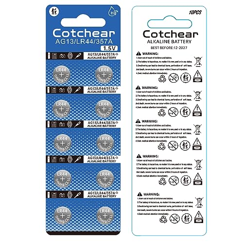 Cotchear 10Pcs Ag13 Button Batteries LR44 SR44 L1154 A76 LR1154 357A Button Cell Battery