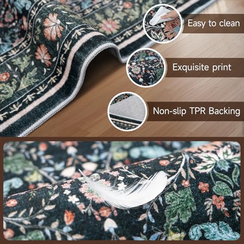 HILORUUG Washable Area Rug 9x12 - Bedroom Living Room Large Indoor Rugs Soft Oriental Vintage Rugs Non-Slip Backing Stain Resistant for Farmhouse Kitchen (9x12 Black/Ivory)