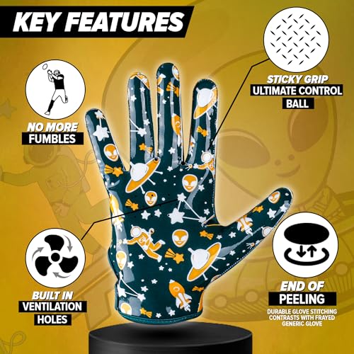 PLAYEUR Alien Grip Infinite Pro Edition Football Gloves –Endless Game – GripPro Tech for Adult, Kids & Youth Football Gloves, No Peel, Ever Tacky (Green Alien, Youth XS/S)