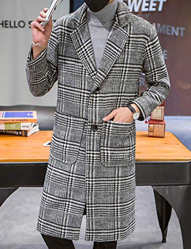 UANEO Mens Trench Coat Single Breasted Plaid Mid Long Peacoat Pea Coats (Dark Gray, XS)