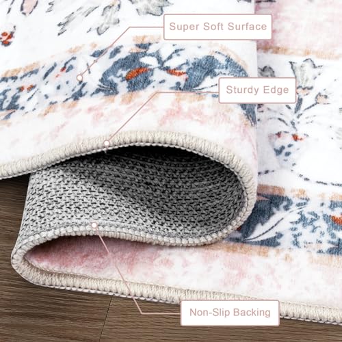 LIVEBOX 5x7 Pink Boho Rugs for Living Room, Soft Nursery Rug Non-Slip Faux Wool Rug for Bedroom Girls, Ultra-Thin Washable Area Rug for Girls Room, Non-Shedding Blush Pink Floral Rug