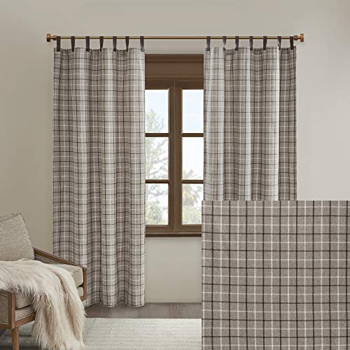 Madison Park Anaheim Cabin Plaid Curtain Window, Thermal Insulated Fleece Lining, Living Room Decor Light Blocking Drape for Bedroom, 1-Single Panel Pack, 50" x 84", Faux Leather Tab, Brown