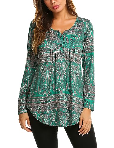 Halife Women's Long Sleeve V Neck Tops Paisley Printed Casual Tunic Blouses Loose Fall Shirts Dark Green M