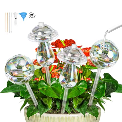 Plant Watering Globes -4 Pcs Self Watering Planter Insert-9 Inch Iridescent Glass Transparent Mushroom Plant Watering Devices- Easy Refill Design With -Indoor and Outdoor Plants Best Giving