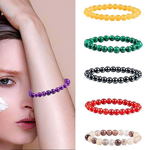 10 Pcs 8mm Gemstone Bracelets set for Men Women Round Beaded Bracelets-Semi-Precious Stretch Crystal Beaded Bracelets Unisex
