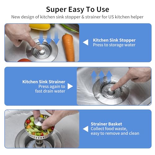 Upgraded 3 in 1 Kitchen Sink Drain Strainer - Stainless Steel Sink Stopper, Anti-Clogging Sink Food Catcher Basket, Fast Drainage Odor Filter Sink Plug for US Standard 3 1/2 inch Drain (Silver-1Pack)