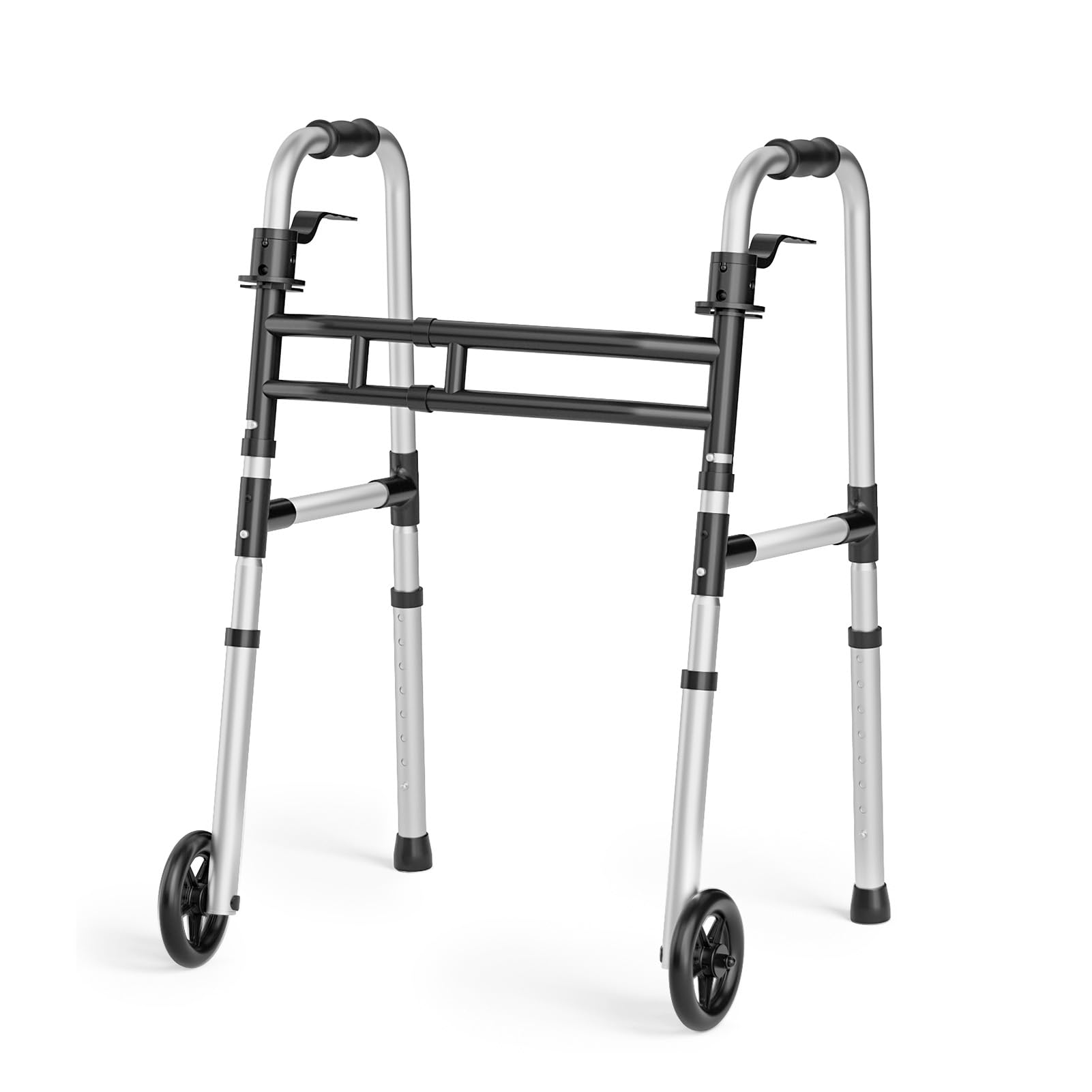Loyoda Folding Walkers for Seniors,Medical Bariatric Walker Lightweight 5'' Front Wheel Walker Height and Width Adjustable Aluminum Standard Walker for Handicap