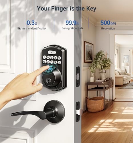 Veise Fingerprint Door Lock with 2 Lever Handles - Keyless Entry Door Lock, Electronic Keypad Deadbolt & Front Door Lock Handle Sets, Auto Lock, Easy Installation, Matte Black