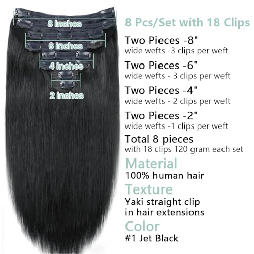Lysilf Clip in Hair Extensions for Black Women Brazilian Virgin Human Hair Extension Straight 8Pcs Remy Hair Extensions Clip in Human Hair with 18Clips Double Lace Weft 120Gram (12Inch, #1B)