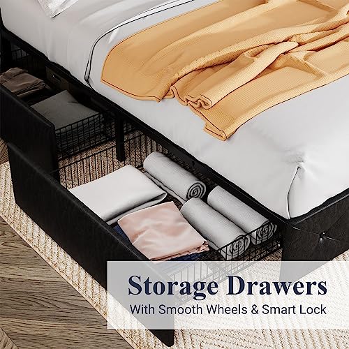 Allewie Upholstered Queen Size Platform Bed Frame with 4 Storage Drawers and Headboard, Diamond Stitched Button Tufted, Mattress Foundation with Wooden Slats Support, No Box Spring Needed, Black Brown