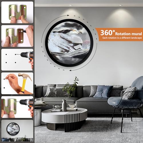 YTWM 17.4" 3D Sand Art Pictures, Moving Sand Art Liquid Motion, Office Room Wall Decor, Quicksand Flowing Sand Painting 360° Rotate (Black White)