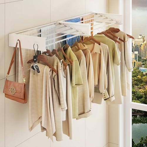 LIENAHU Drying Rack Clothing Upgrade,Clothes Drying Rack Wall Mounted,Laundry Drying Rack Wall Mount,Foldable,Collapsible,Retractable,5 Aluminium Poles,with Hooks,White