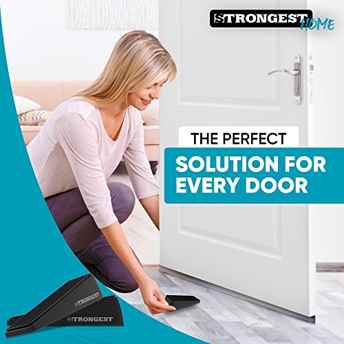 Strongest Door Stopper, Heavy Duty Door Stop Wedge Made of Premium Quality Zinc and Rubber Suits Any Door,Any Floor. Set of 2 and Additional Self Adhesive Wall Protectors (Black, 2 Pack)