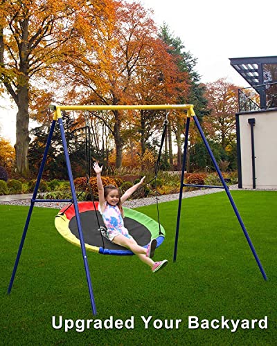 Hishine 50" Saucer Tree Swing for Kids, 360° Rotate Waterproof Flying Saucer Swing with Swivel, Hanging Straps, Adjustable Ropes, Round Mat Spinner Swing for Tree/Swing Set (Strap-Black)