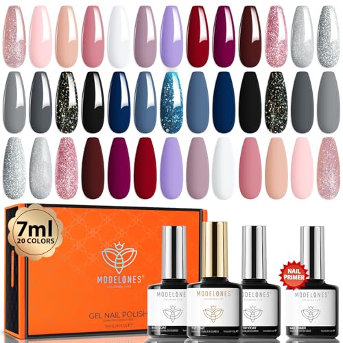 Modelones 20 Colors Gel Nail Polish Kit, Fall Pink Brown Nude Orange Gel Polish Set with Glitter, Glossy and Matte Top Base Coat Home DIY Manicure Nail Art Design Gifts